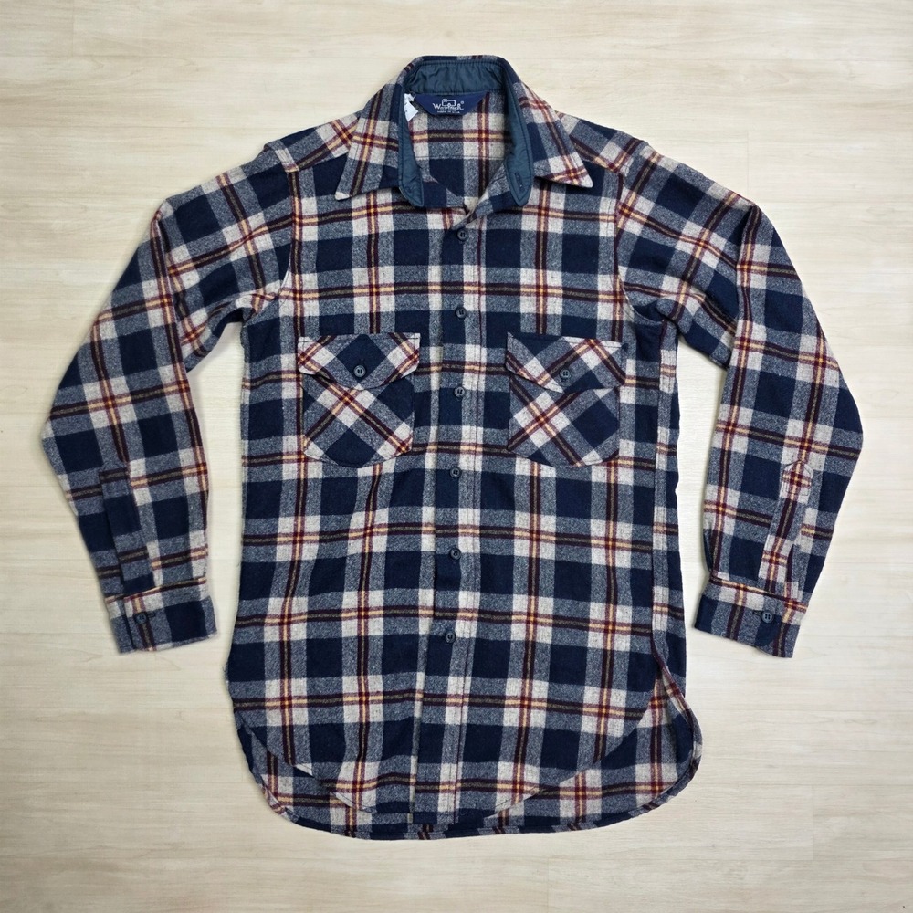 Woolrich Vintage Plaid Wool Flannel Shirt Mens Small Navy Gray Made in USA 10617